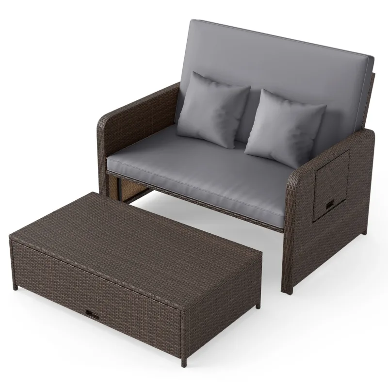 Costway Conjunto de Tumbona y Sofá de Ratán para Patio 2 Piezas con Otomana Almacenamiento Respaldo Ajustable Mesas Plegables Gris