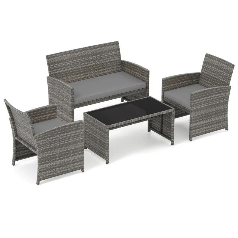 Costway Juego de Conversación para Patio 4 Piezas de Ratán con Cojines y Tablero Vidrio Templado para Jardín Porche Balcón Gris