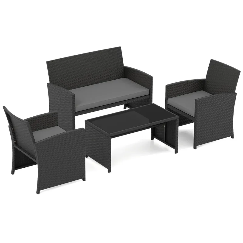 Costway Conjunto Ratán Patio 4 Piezas Sillones 2 Plazas Mesa Vidrio Templado Acolchados Exterior Porche Piscina Gris