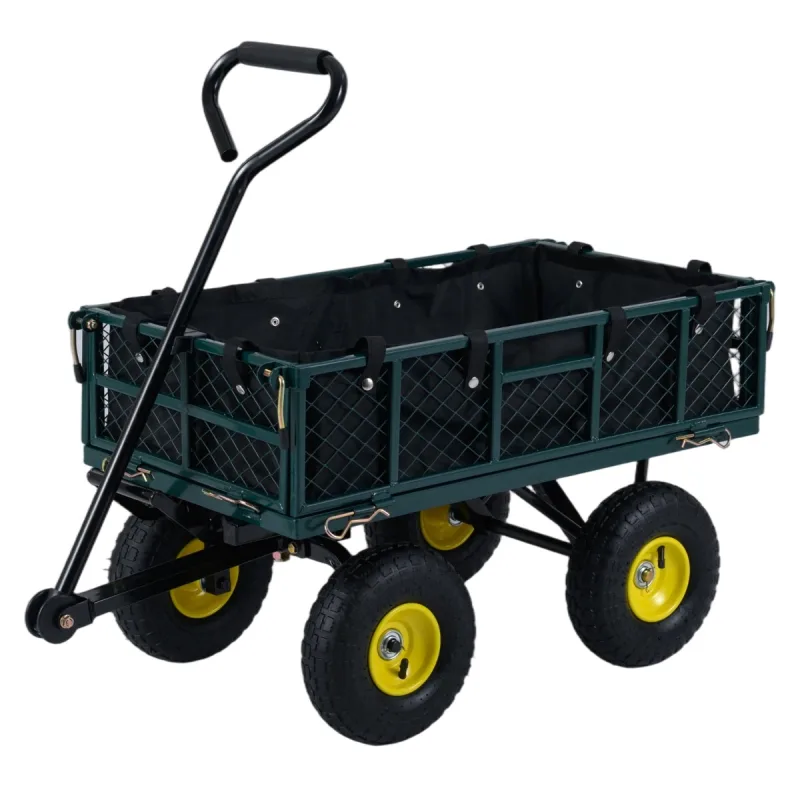 Costway Carrito Jardín Metálico Plegable 2 en 1 408kg Laterales Malla Extraíbles Asa Ajustable Giro 270° Neumáticos Resistentes Granja