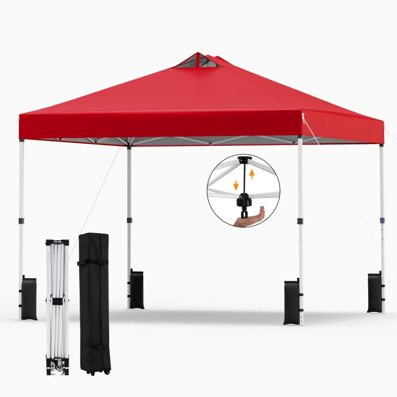 Costway Toldo Plegable Montaje Instantáneo con 1 Botón para 1 Persona Marzo Resistente Techo Plateado Gazebo Portátil con Ruedas para Camping Rojo