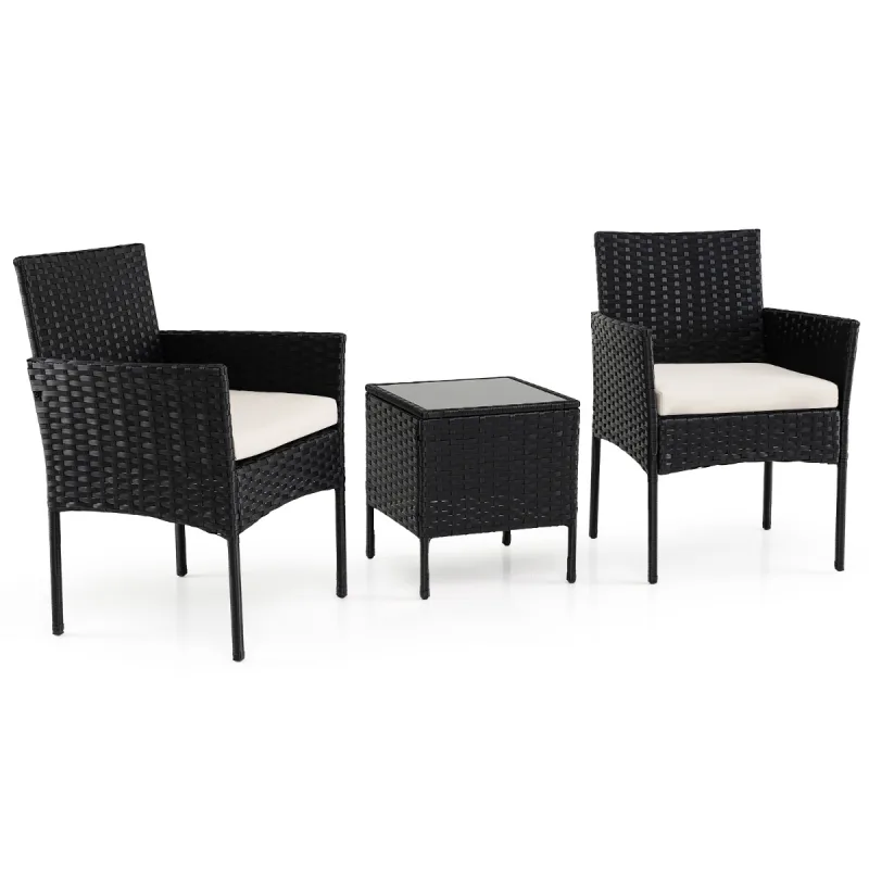 Costway Conjunto de Muebles de Jardín de 3 Piezas Juego de Conversación de Ratán con 2 Sillas Mesa Auxiliar de Vidrio para Terraza Patio Balcón Beige