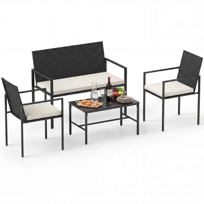 Costway Conjunto Muebles Patio 4 Piezas Ratán Exterior Sillas y Sofá Mesa Café Vidrio Templado Cojines Suaves Jardín Porche Balcón Crema