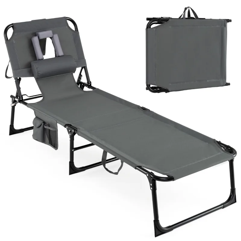 Costway Tumbona Plegable Exterior Reclinable Agujeros Cara Brazos Respaldo Ajustable Bolsillos Portátil Playa Piscina 150kg Gris