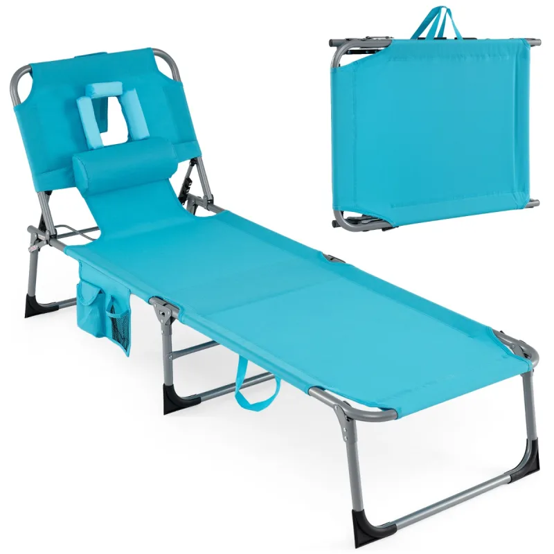 Costway Tumbona Plegable Exterior Reclinable Agujeros Cara Brazos Respaldo Ajustable Bolsillos Portátil Playa Piscina 150kg Turquesa