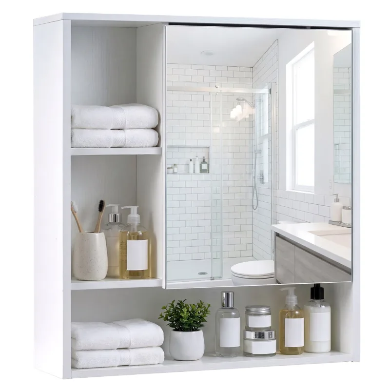 Costway Armario de Espejo para Pared de Baño con Puerta y 3 Estantes Abiertos Empotrado de Madera para Lavandería Entrada Blanco