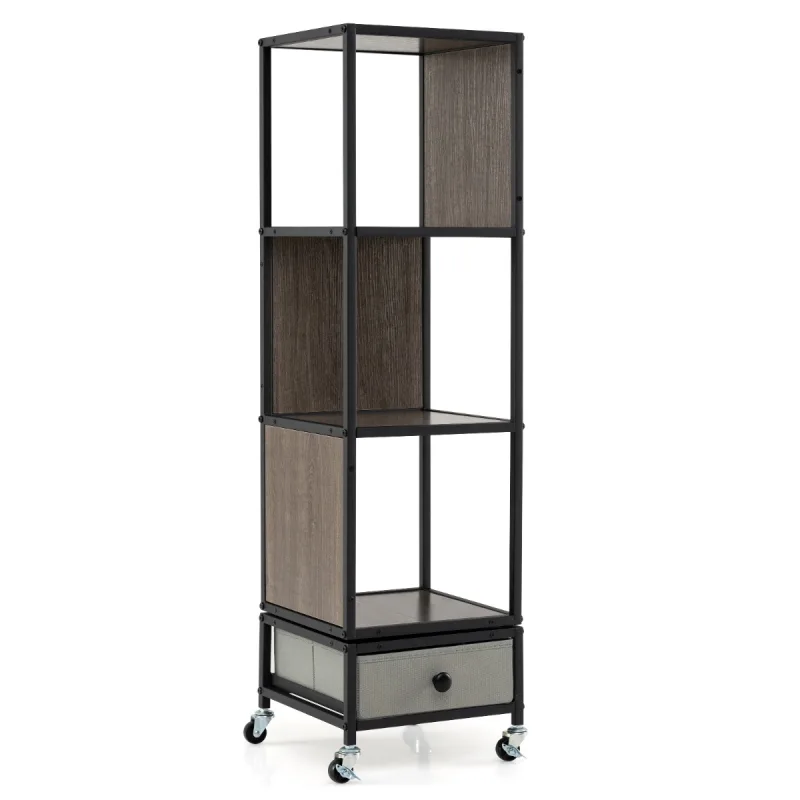Costway Estantería Giratoria 4 Niveles con Ruedas 360° Cajón Tela Extraíble Estrecha Madera para Sala Estar Dormitorio Oficina Marrón+Negro