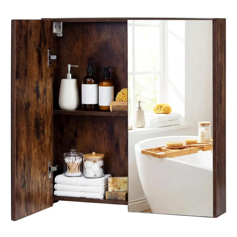 Costway Armario de Baño con Espejo de Pared con 2 Puertas de Espejo 2 Estantes Mueble de Baño Montaje Empotrado o en Superficie 62x11x65cm Marrón