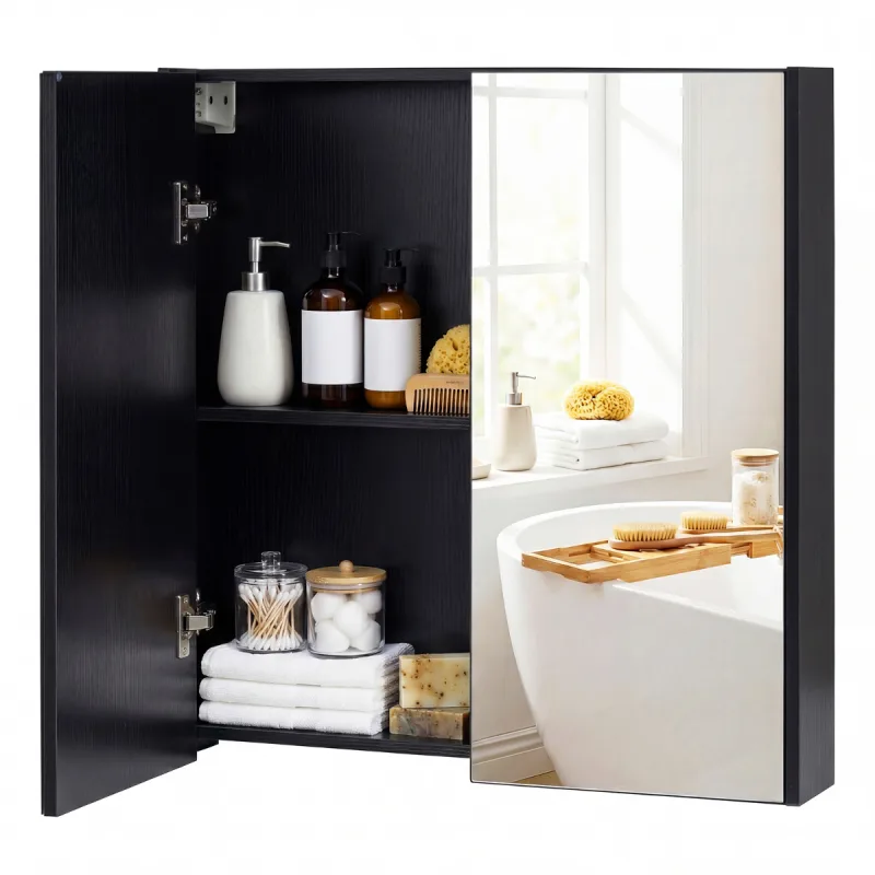 Costway Armario de Baño con Espejo de Pared con 2 Puertas de Espejo 2 Estantes Mueble de Baño Montaje Empotrado o en Superficie 62x11x65cm Negro