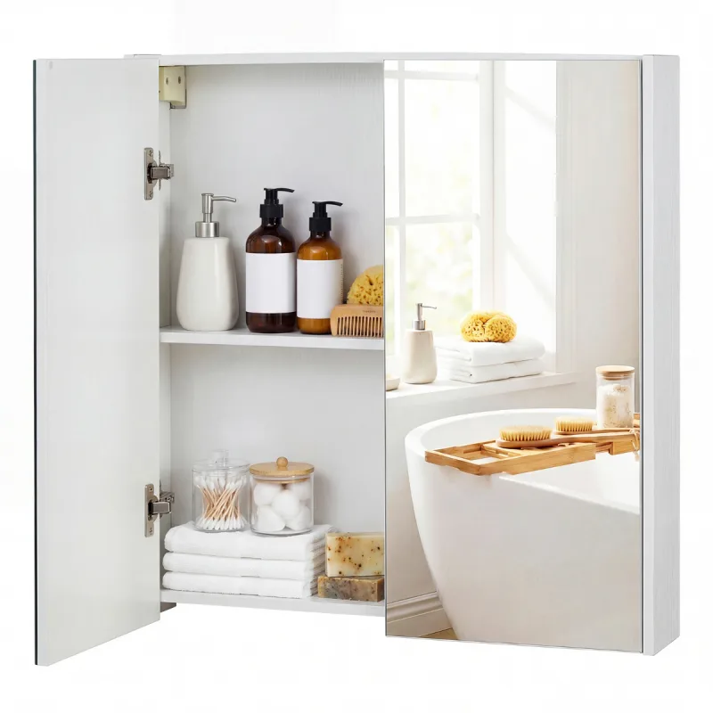 Costway Armario de Baño con Espejo de Pared con 2 Puertas de Espejo 2 Estantes Mueble de Baño Montaje Empotrado o en Superficie 62x11x65cm Blanco