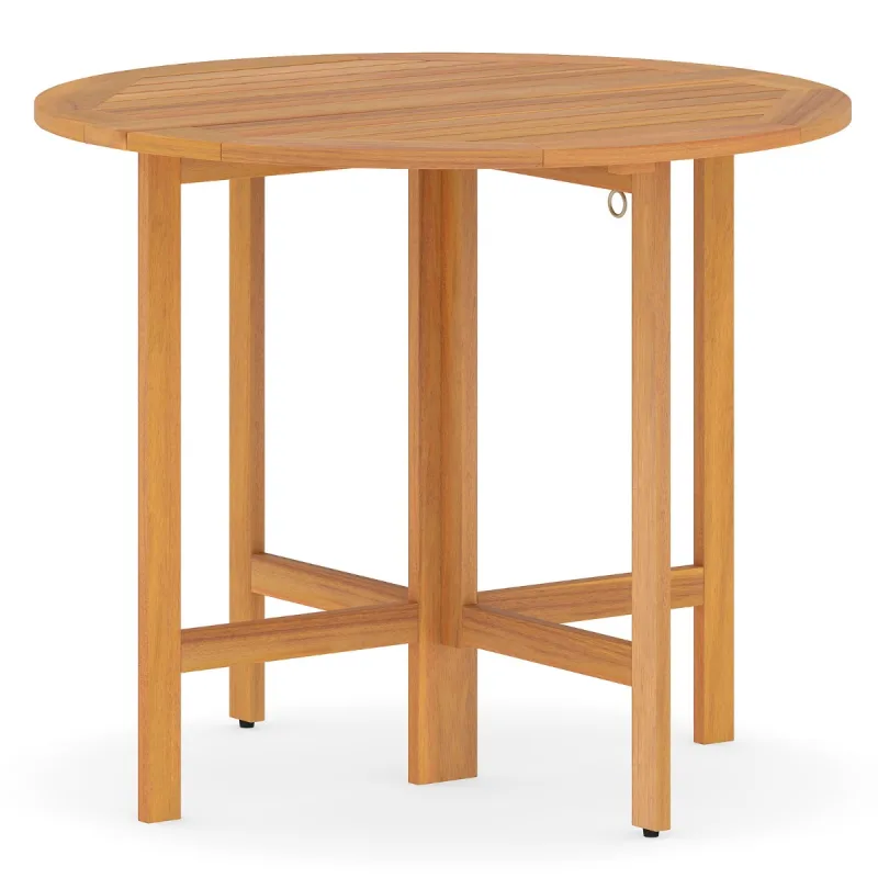 Costway Mesa Comedor Redonda Plegable Exterior Madera Acacia Tablero Listones para Jardín Porche Balcón 90cm Sin Montaje