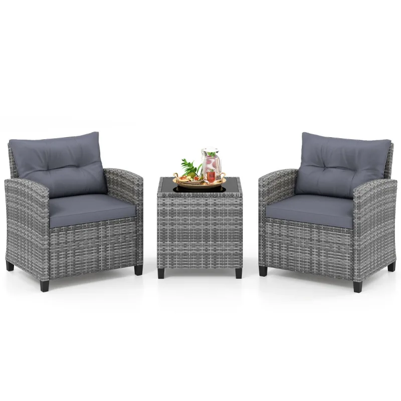 Costway Conjunto Bistró Exterior 3 Piezas Ratán con Cojines Suaves Mesa Cristal Templado para Balcón Porche Jardín Gris