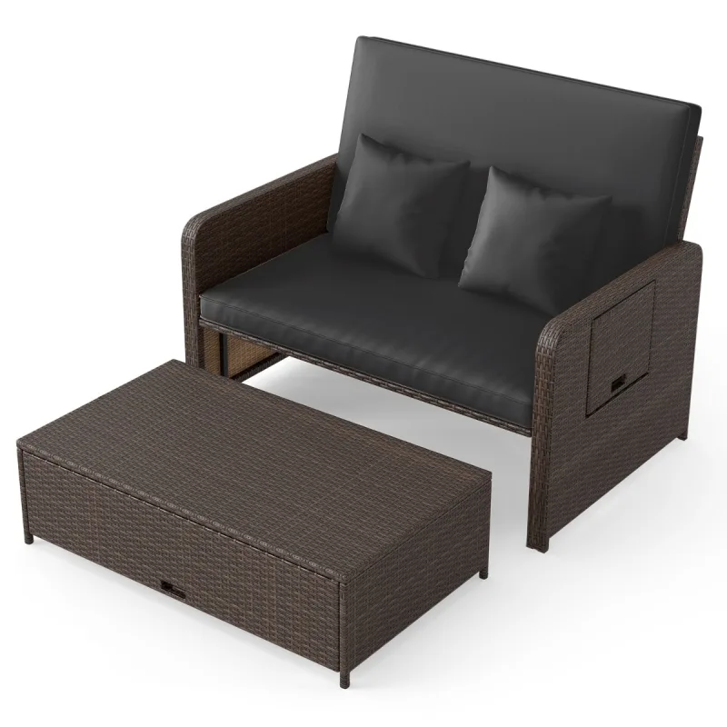 Costway Conjunto de Tumbona y Sofá de Ratán para Patio 2 Piezas con Otomana Almacenamiento Respaldo Ajustable Mesas Plegables Negro