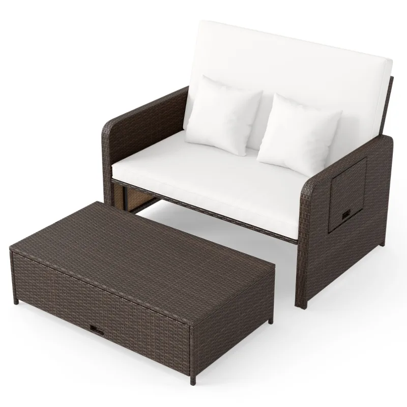 Costway Conjunto de Tumbona y Sofá de Ratán para Patio 2 Piezas con Otomana Almacenamiento Respaldo Ajustable Mesas Plegables Crema