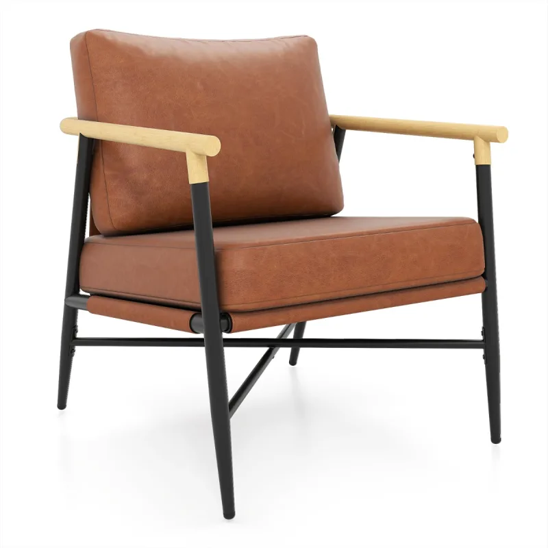 Costway Sillón Mediados de Siglo Cuero Artificial Cojín Respaldo Extraíble Estructura Metálica para Sala Estar Dormitorio Oficina Marrón