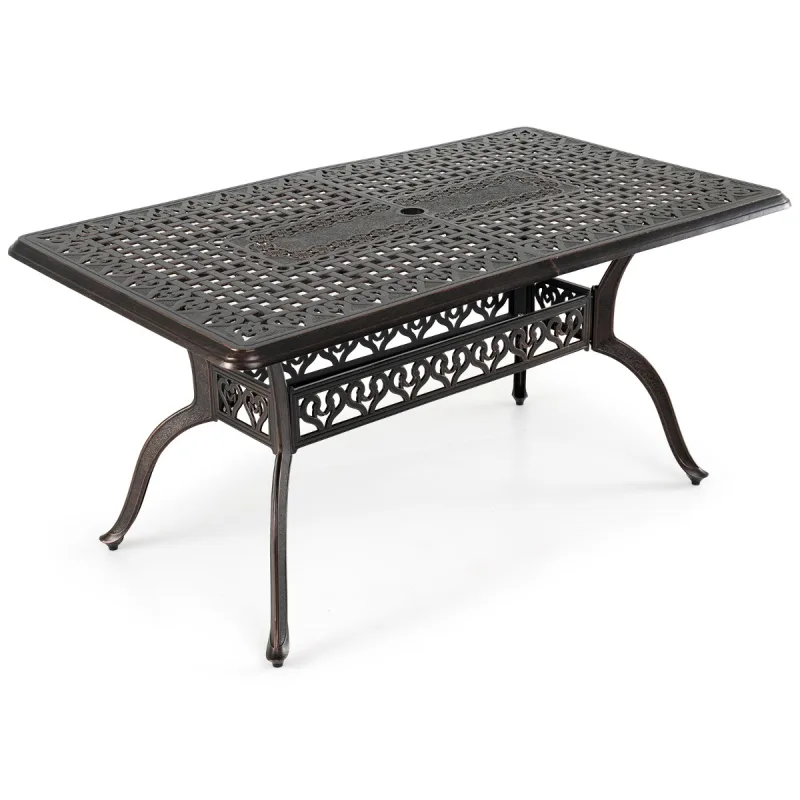 Costway Mesa Auxiliar Exterior de Aluminio Fundido con Agujero para Sombrilla 5cm Patrón Exquisito Rectangular Vintage 150x90x73cm