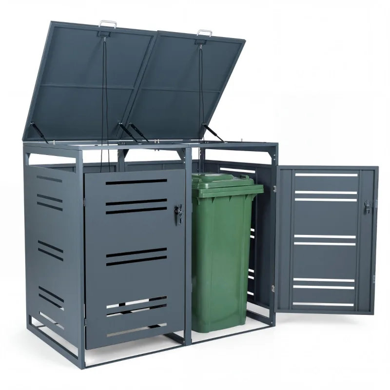 Costway Cobertizo Metálico para Cubos de Basura al Aire Libre para 2 Contenedores con Amortiguador de Gas Puertas con Cerradura Gris