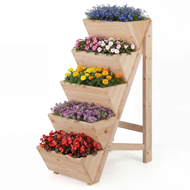 Costway Jardinera Vertical Escalonada de Madera de Abeto con 5 Maceteros para Hierbas Verduras Flores Terraza Balcón Natural