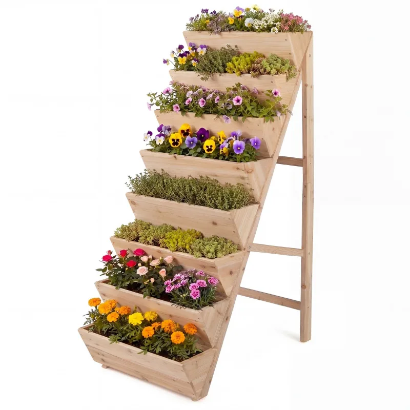 Costway Jardinera Vertical Escalonada de Madera de Abeto con 8 Maceteros para Hierbas Verduras Flores Terraza Balcón Natural