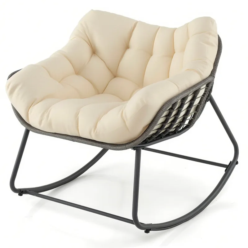 Costway Silla Mecedora de Ratán para Exteriores Silla de Huevo de Mimbre PE con Cojín Grueso y Extraíble para Sala de Estar Balcón Jardín Crema