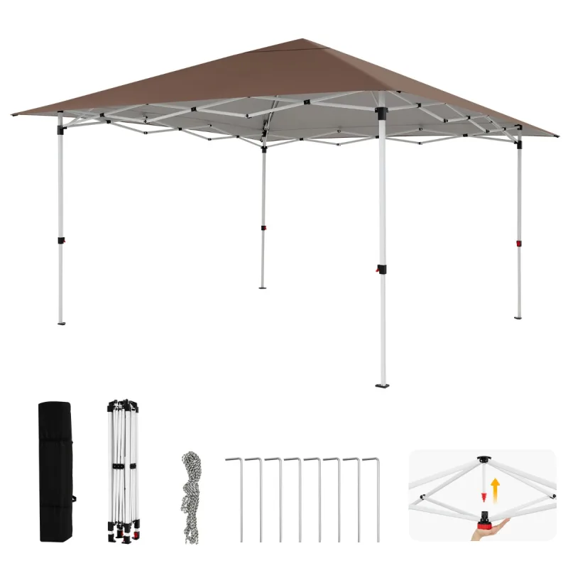 Costway Carpa Plegable Emergente Cenador Jardín Altura Ajustable 3 Posiciones Estacas Cuerdas Antiviento Bolsa Transporte Gazebo Portátil Marrón