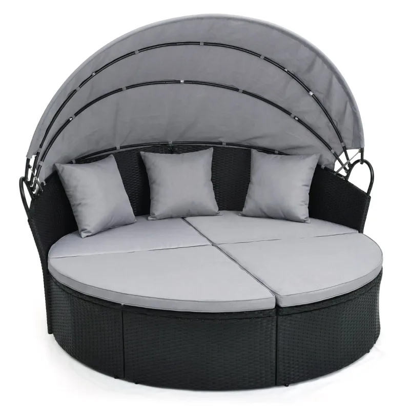 Costway Sofá Cama Redondo de Mimbre con Dosel Retráctil Asientos Separados Cojines Almohadas Tipo Almeja para Patio Porche Piscina Gris