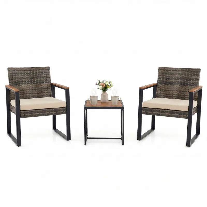 Costway Conjunto de Muebles de Jardín de 3 Piezas de Ratán PE con Mesa y Sillas de Exterior con Respaldo Inclinado y Cojines Color Crema para Patio Terraza o