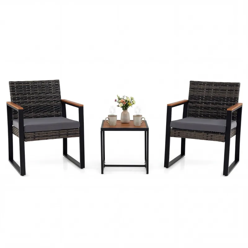 Costway Conjunto de Muebles de Jardín de 3 Piezas de Ratán PE con Mesa y Sillas de Exterior con Respaldo Inclinado y Cojines Color Gris para Patio Terraza o J
