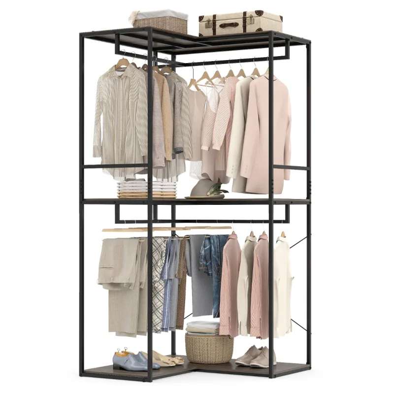 Costway Armario Perchero en Forma de L con 2 Estantes y Barras Estructura Metálica y Paneles de Roble Gris 100x100x200 cm para Dormitorio o Salón