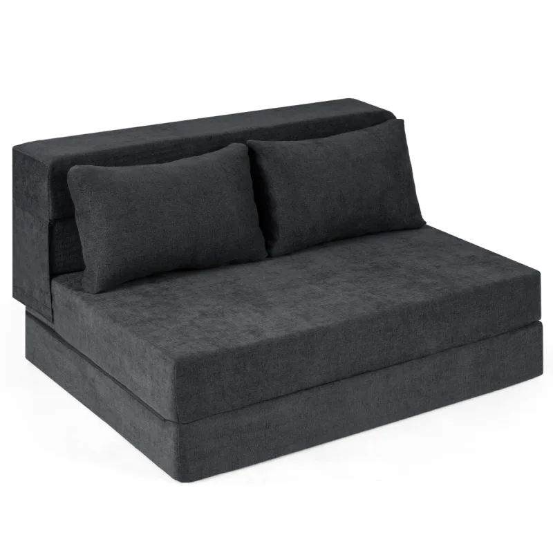 Costway Sofá Cama Futón Plegable Grande 3 en 1 con 2 Almohadas Tejido de Chenilla Color Gris para Salón Dormitorio o Oficina
