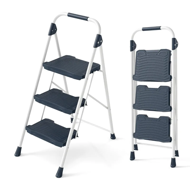 Costway Escalera de 3 Peldaños Taburete Plegable con Pasamanos Acolchado y Amplio Pedal Antideslizante Escalera Portátil Ligera y Resistente Azul