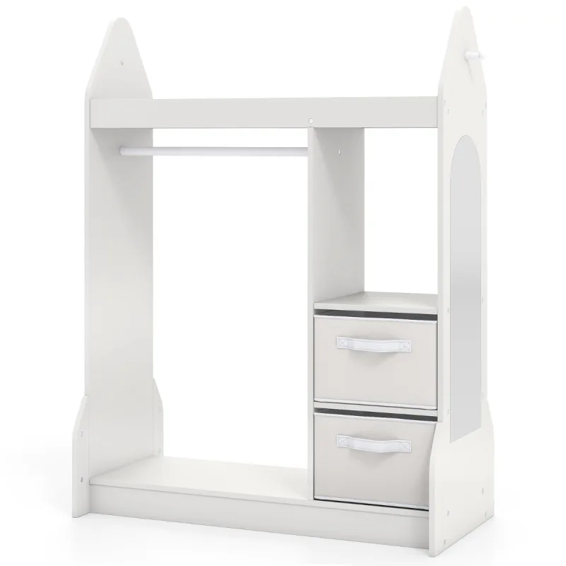 Costway Armario para Juegos Infantiles Centro de Disfraces para Niños con Espejo Acrílico Percha para Ropa Estantes Abiertos Cajas Plegables Blanco