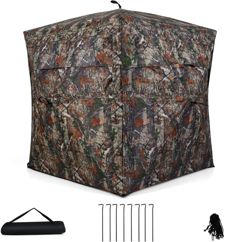 Costway Persiana de Caza Portátil con Visión de 360° Ventanas y Bolsa de Transporte Cobertizo de Camuflaje para 2-4 Personas Camuflaje