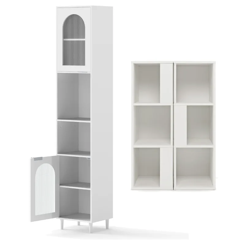 Costway Set de Almacenamiento Moderno Armario Alto con Puertas de Vidrio y 2 Librerías Asimétricas de 3 Niveles Estantes Ajustables Blanco