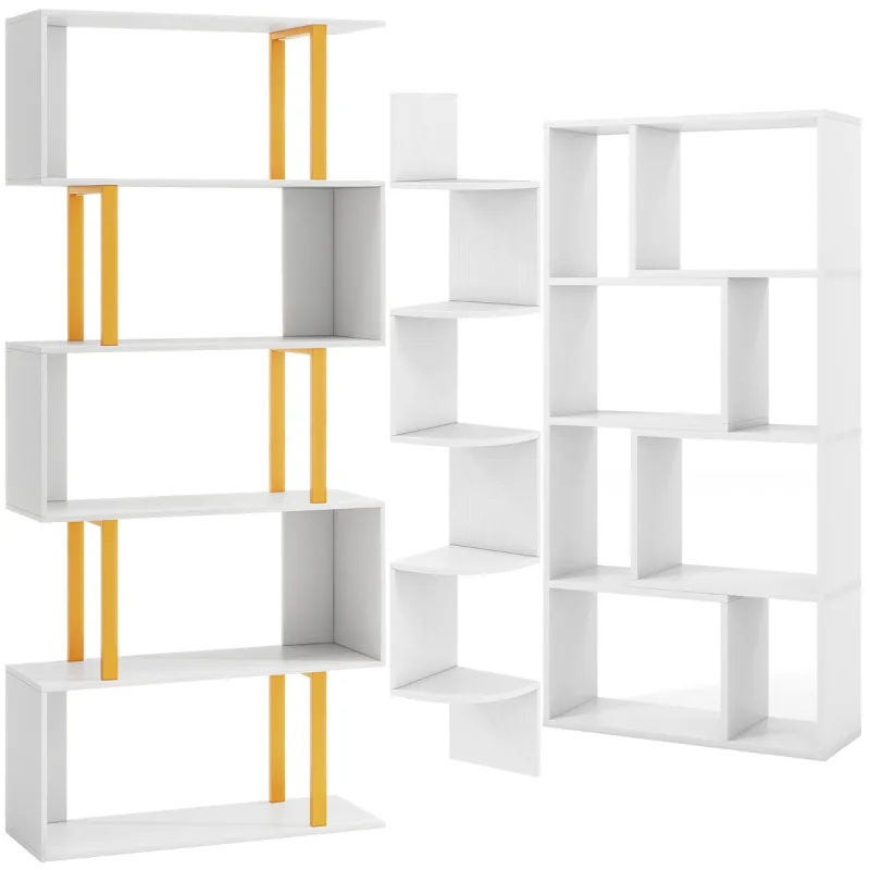 Costway Juego de 3 Estanterías Modernas Incluye Estantería de Esquina Estantería en S y Librero de Cubos con Antivuelco Blanco