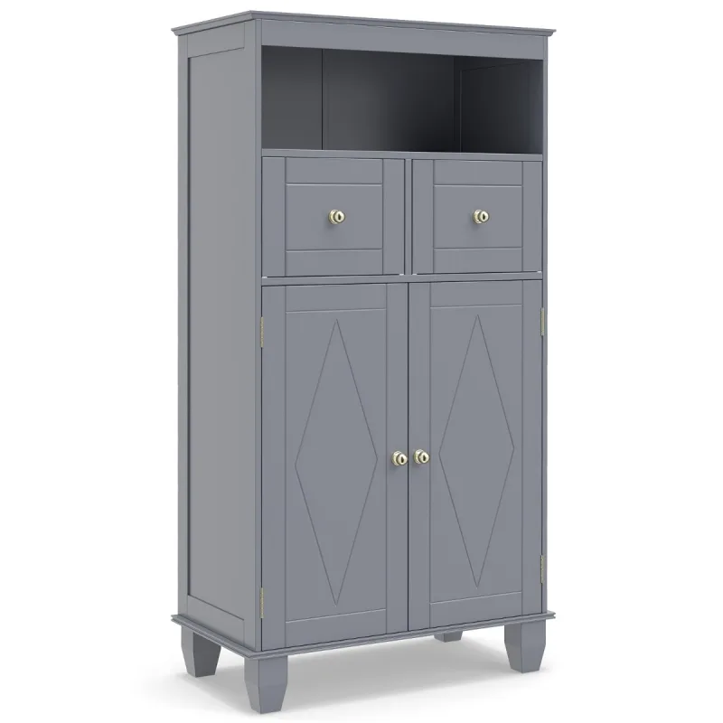 Costway Armario de Baño para Suelo Organizador Moderno Independiente con Puertas Estantes Cajones y Patas de Madera Maciza de Pino Gris