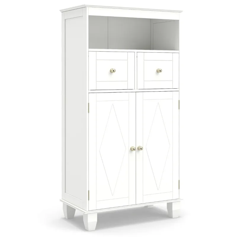 Costway Armario de Baño para Suelo Organizador Moderno Independiente con Puertas Estantes Cajones y Patas de Madera Maciza de Pino Blanco