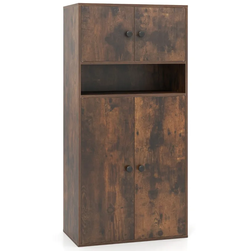Costway 111 cm Librería con 4 Puertas Organizador de Almacenamiento Moderno de 4 Niveles con Estantes Ajustables Gabinete de Exhibición Marrón