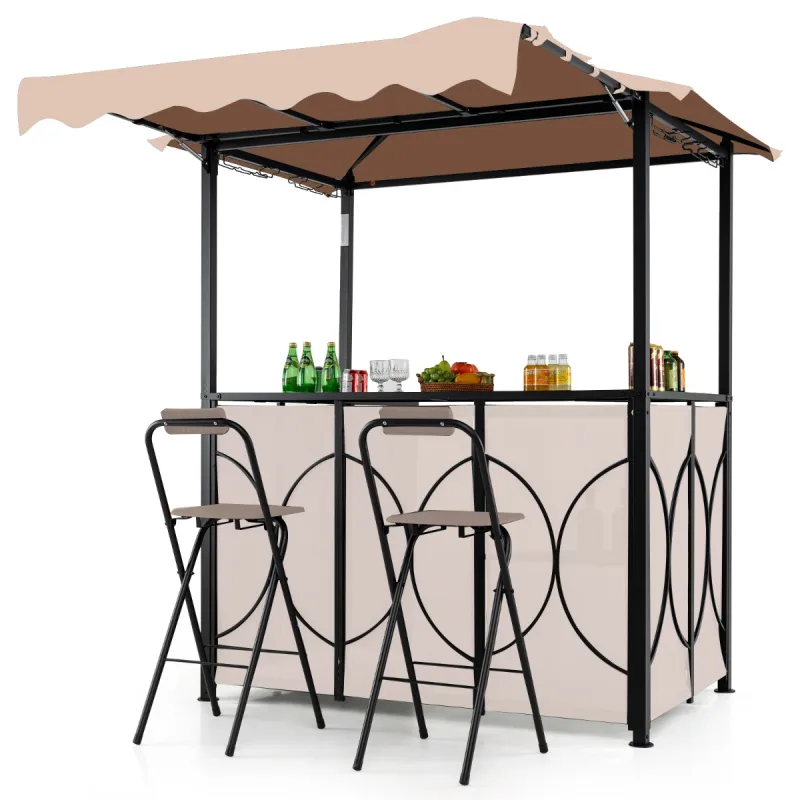 Costway Conjunto de Bar de Jardín Cenador de Barbacoa de Mesa de Bar y 2 Taburetes Plegables con Estantes de Metal para Patio 193 x 117 x 240 cm Café