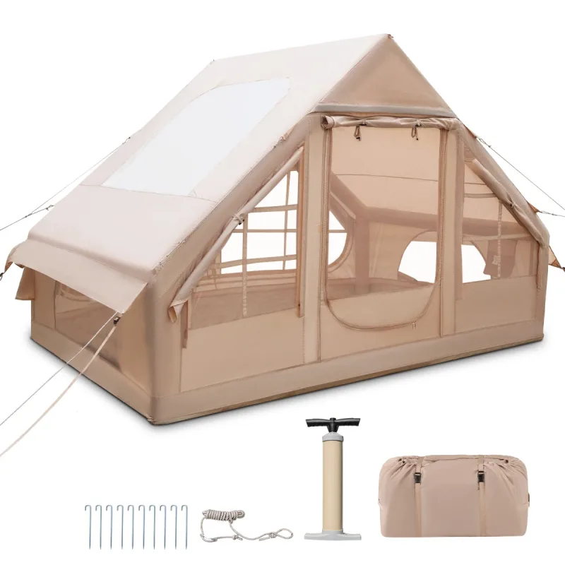 Costway Tienda de Campaña Inflable para Camping para 4-6 Personas con Bomba Ventanas de Malla 2 Puertas Tragaluz Bolsa de Transporte Beige