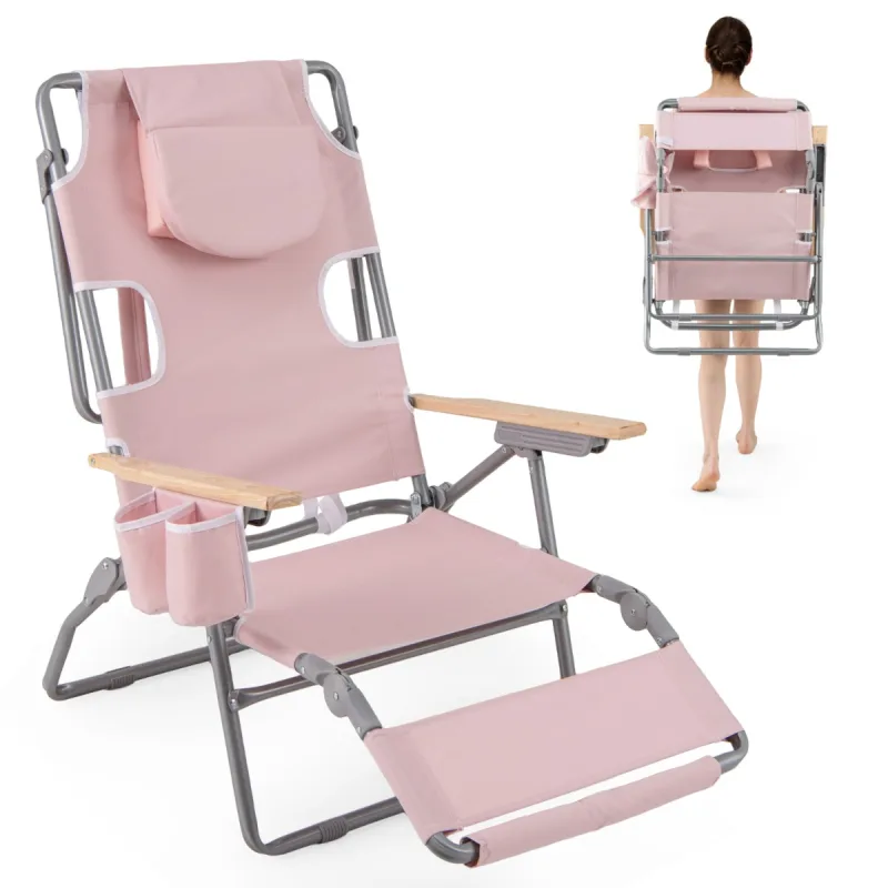 Costway Silla de Playa Plegable 3-en-1 con Agujero para la Cara Reposapiés Respaldo Silla Reclinable Portátil para Tomar el Sol Rosa