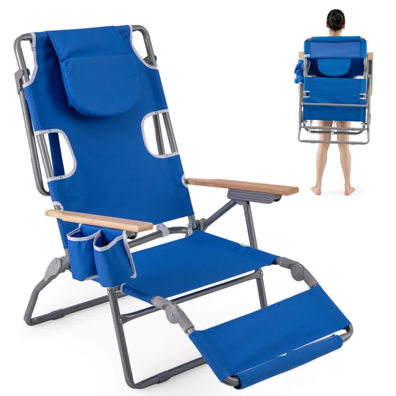 Costway Silla de Playa Plegable 3-en-1 con Agujero para la Cara Reposapiés Respaldo Silla Reclinable Portátil para Tomar el Sol Azul Marino