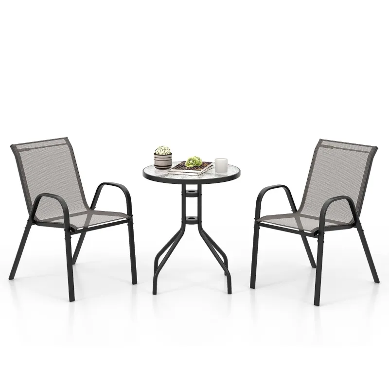 Costway Juego de Muebles Bistró de 3 Piezas 2 Sillas Textilene y 1 Mesa de Cristal Templado Set de Conversación para Patio Gris