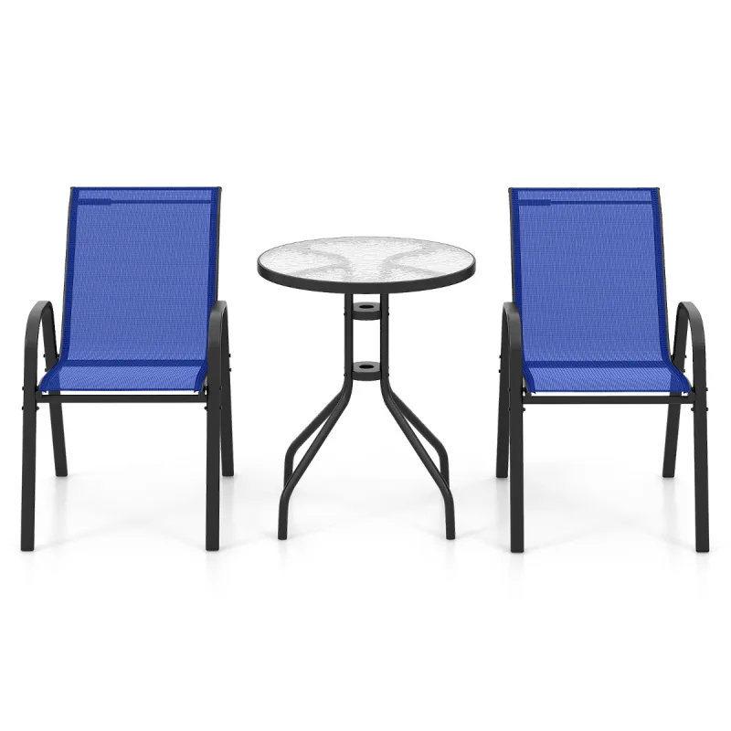 Costway Juego de Muebles Bistró de 3 Piezas 2 Sillas Textilene y 1 Mesa de Cristal Templado Set de Conversación para Patio Azul