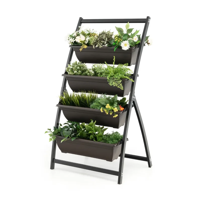 Costway Jardinería Elevada de 4 Niveles con 4 Macetas para Plantas para Interior y Exterior para Verduras Flores 66 x 50,5 x 124 cm Negro y Marrón