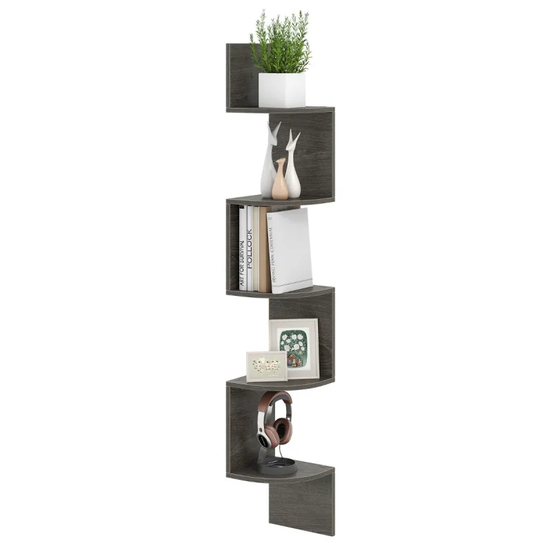 Costway Estantería de Esquina de 5 Niveles Organizador de Almacenamiento Montado en la Pared para Estar Dormitorio y Cocina 20 x 20 x 126 cm Gris