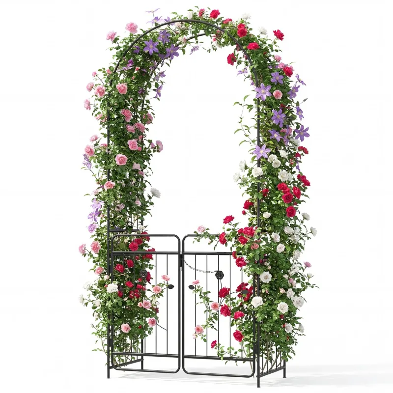 Costway Pérgola Metálica Resistente Jardín con Enrejado y Puerta Placas Base Estacas Negro