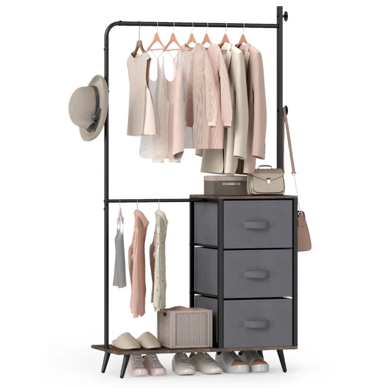 Costway Perchero de Doble Barra con 2 Estantes 3 Ganchos y 3 Cajones de Tela Organizador para Dormitorio Marrón Rústico y Negro