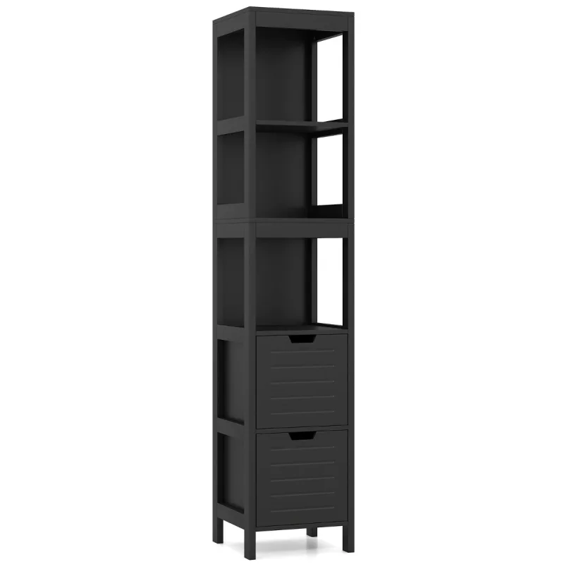 Costway Armario Alto de Suelo para Baño con 2 Cajones y 3 Estantes Mueble Columna de Madera para Baño 30,5 x 30,5 x 144 cm Negro