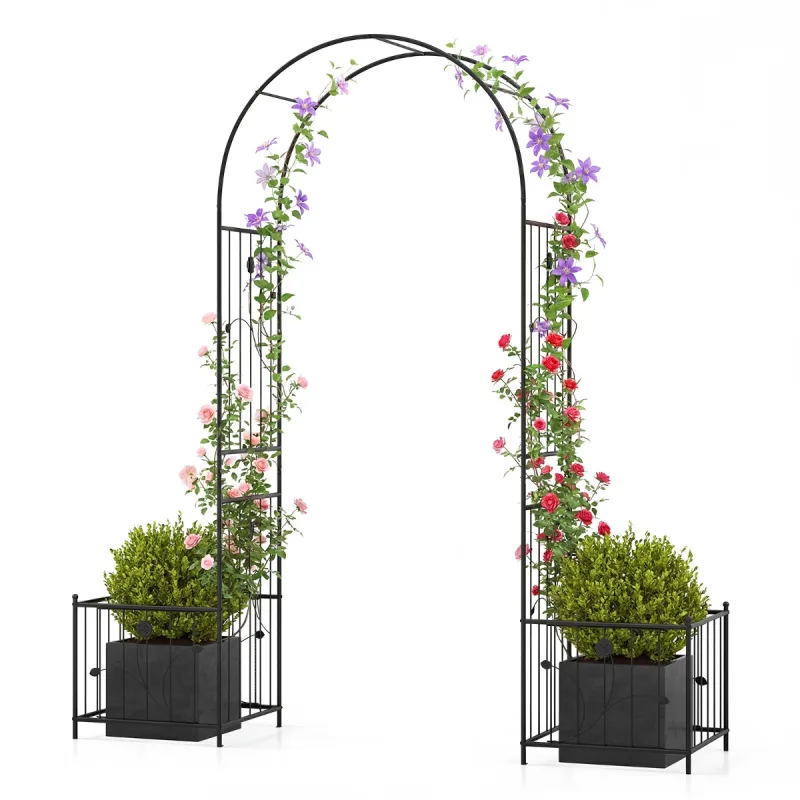 Costway Pérgola Metálica con Jardineras y Arco Enrejado para Plantas Trepadoras Rosas Bodas Fiestas Caminos Negro